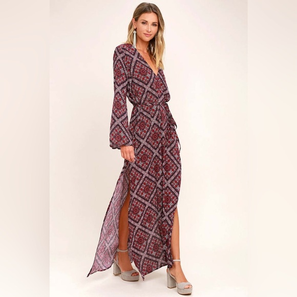 LULUS | Boho Burgundy Print dress | size Large - Picture 4 of 14